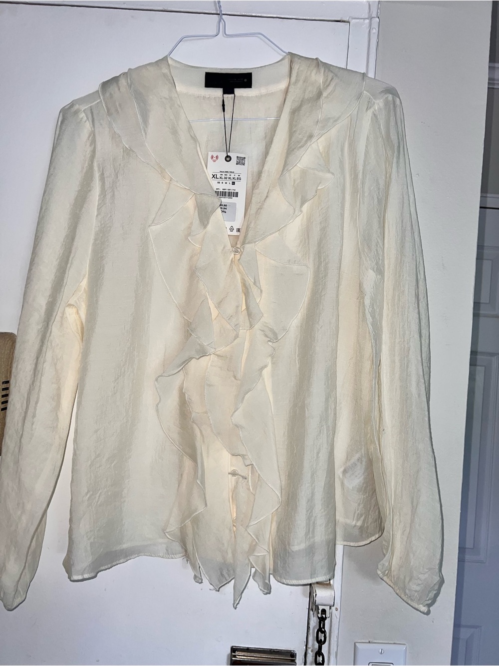 Zara Cream Ruffle-Front Long Sleeve Blouse